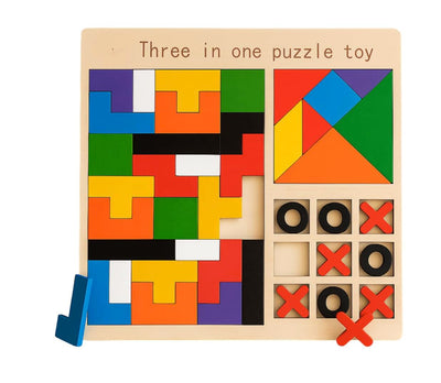 Fidtoy Jeu de Société en Bois 3-en-1 Tetris, Chiffres et Casse-tête pour Enfants, Planche en Bois avec Blocs de Construction, Tangram et Tic-Tac-Toe, Jouet de Motricité Fine et de Stratégie pour les 2-6 Ans