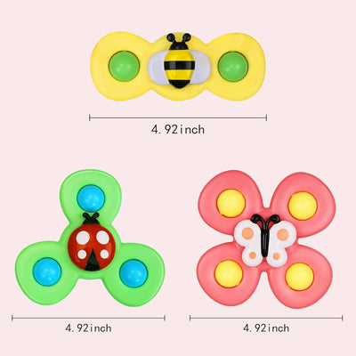 Fidtoy Suction Cup Activity Spinner Toy 3 Pieces for Babies 0-2, Colorful Insect Sensory Spinner Toys with Suction Cup Base, Plastic Round Tabletop Bath Travel Toy