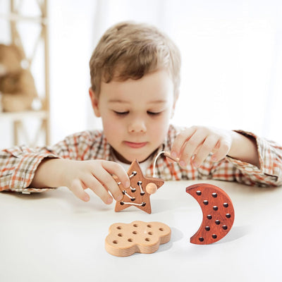 Jouets à lacer en bois FlameFlash pour tout-petits de 1 à 3 ans, jouets à enfiler en bois massif, jouets pour tout-petits silencieux lune/étoiles/nuage pour voyage en avion, jouets sensoriels pour la motricité fine pour enfants de 2 3 4 ans (bois naturel)
