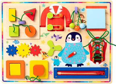 Fidtoy 11 en 1 Tableau d'activités Montessori pour tout-petits, planche sensorielle en bois avec fermetures éclair, boutons, engrenages, motricité fine, jouet de voyage silencieux, cadeau