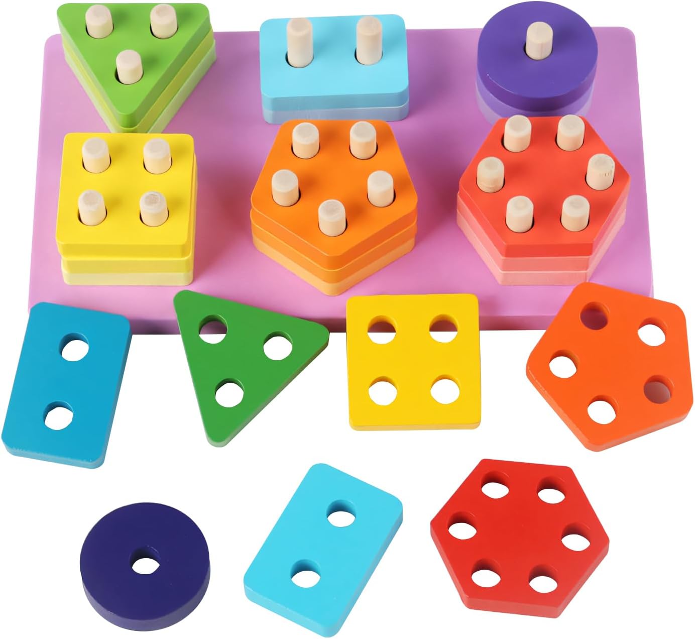 Fidtoy Wooden Building Blocks and Six Column Sets for Kids | Montessori Construction Blocks, Shape & Color Recognition, Pattern Matching, Spatial Awareness & Fine Motor Toy Age 2-6