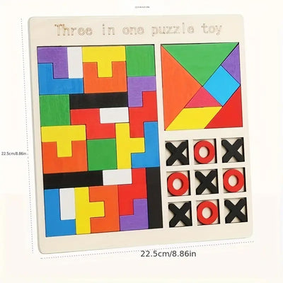 Fidtoy Jeu de Société en Bois 3-en-1 Tetris, Chiffres et Casse-tête pour Enfants, Planche en Bois avec Blocs de Construction, Tangram et Tic-Tac-Toe, Jouet de Motricité Fine et de Stratégie pour les 2-6 Ans