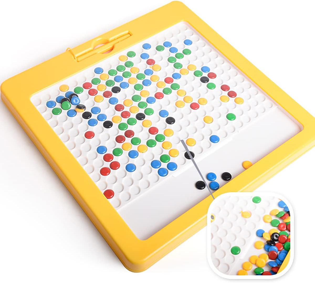 Fidtoy Small Magnetic Beads Drawing Board for Kids Ages 2-6, Yellow Plastic Magnetic Drawing Pad with Magnetic Pen, 10 Double-Sided Pattern Cards, Sealed Acrylic Panel and Fine Motor Creative Play