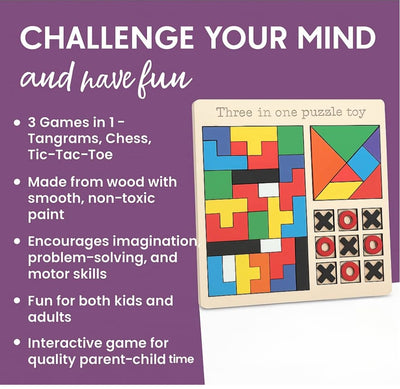 Fidtoy Jeu de Société en Bois 3-en-1 Tetris, Chiffres et Casse-tête pour Enfants, Planche en Bois avec Blocs de Construction, Tangram et Tic-Tac-Toe, Jouet de Motricité Fine et de Stratégie pour les 2-6 Ans