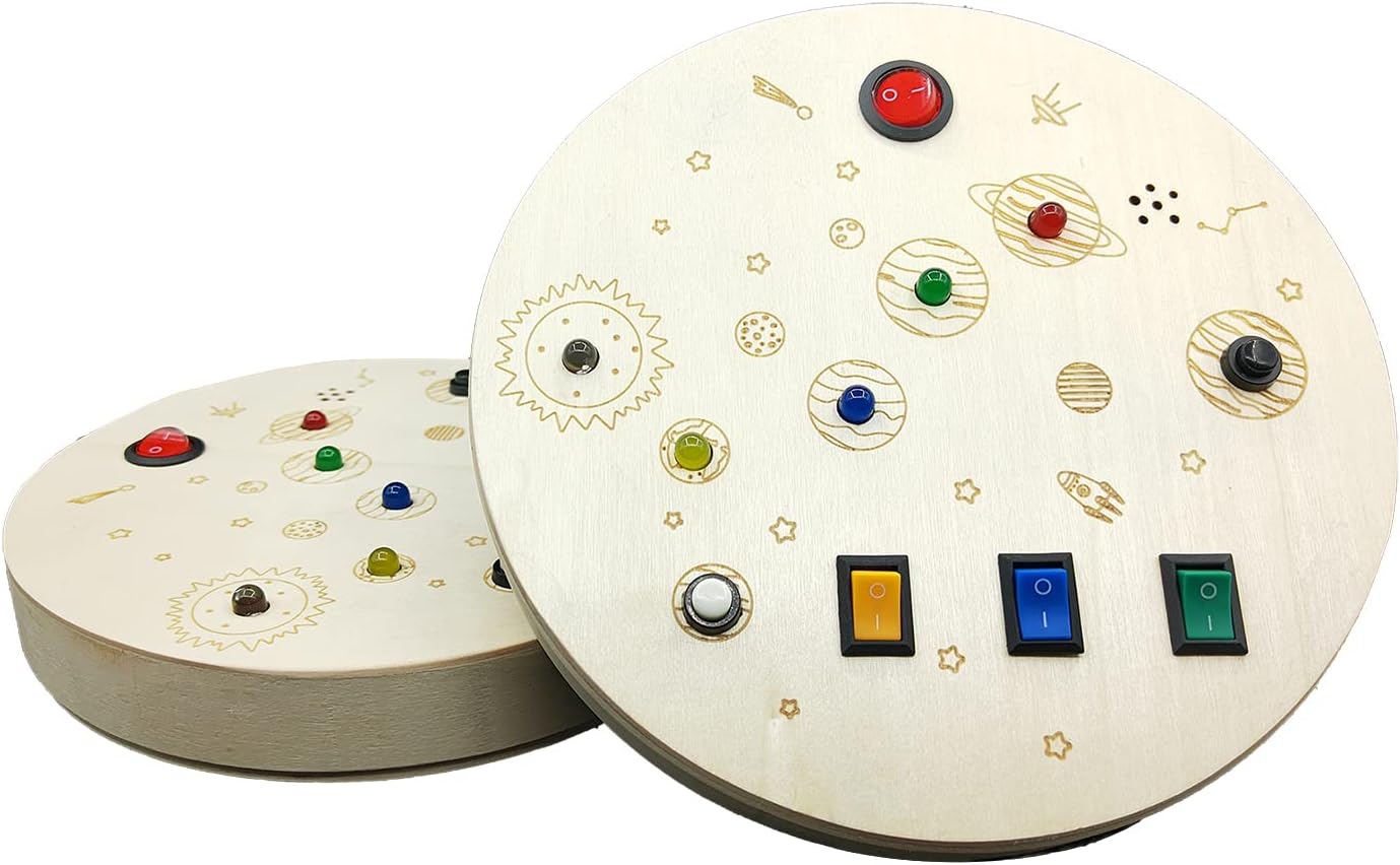 RGWOW Jouets pour tout-petits de plus de 3 ans, tableau d'activités Montessori. Jouets sensoriels pour bébés, jouets de voyage en bois avec boutons LED lumineux et son, jouets éducatifs (rond coloré)