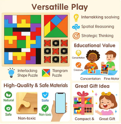 Fidtoy Jeu de Société en Bois 3-en-1 Tetris, Chiffres et Casse-tête pour Enfants, Planche en Bois avec Blocs de Construction, Tangram et Tic-Tac-Toe, Jouet de Motricité Fine et de Stratégie pour les 2-6 Ans