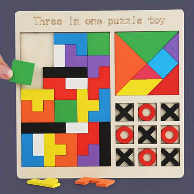 Fidtoy Jeu de Société en Bois 3-en-1 Tetris, Chiffres et Casse-tête pour Enfants, Planche en Bois avec Blocs de Construction, Tangram et Tic-Tac-Toe, Jouet de Motricité Fine et de Stratégie pour les 2-6 Ans