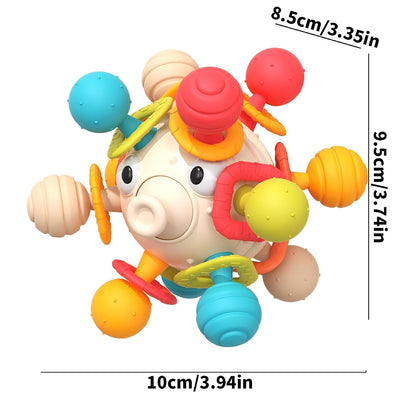 Fidtoy Spinning Puffer Fish Rattle Teether Toy for Babies 3-12 Months, PP Colorful Sensory Sea Animal Toy with Spinning Fins and Travel-Friendly Grip Design