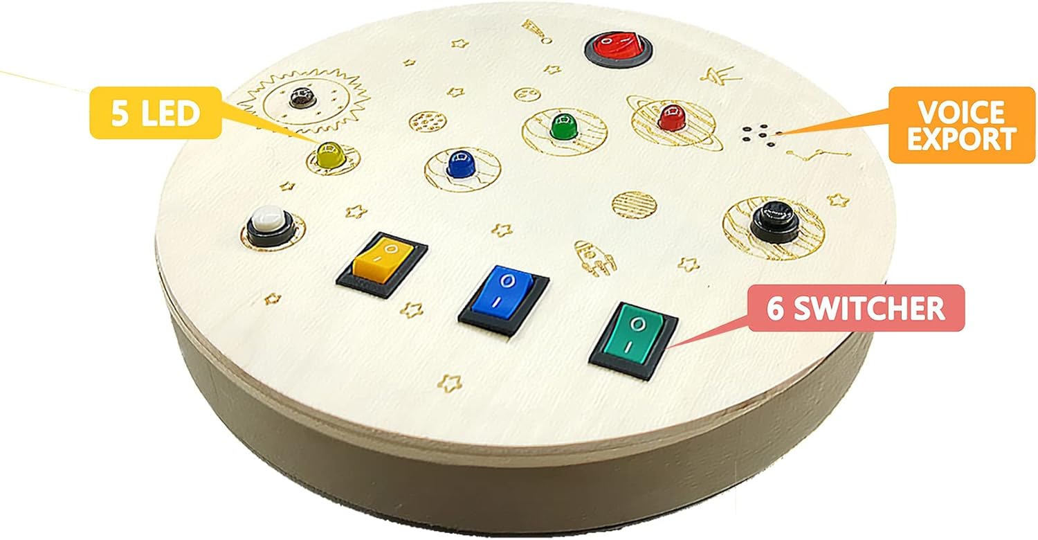 RGWOW Jouets pour tout-petits de plus de 3 ans, tableau d'activités Montessori. Jouets sensoriels pour bébés, jouets de voyage en bois avec boutons LED lumineux et son, jouets éducatifs (rond coloré)