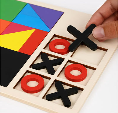 Fidtoy Jeu de Société en Bois 3-en-1 Tetris, Chiffres et Casse-tête pour Enfants, Planche en Bois avec Blocs de Construction, Tangram et Tic-Tac-Toe, Jouet de Motricité Fine et de Stratégie pour les 2-6 Ans