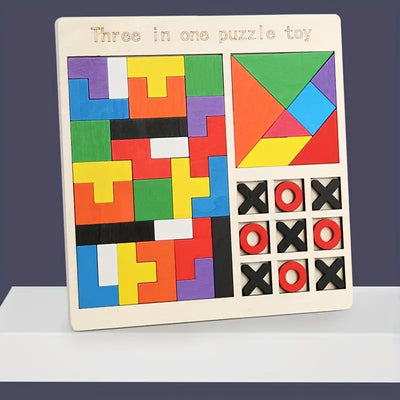 Fidtoy Jeu de Société en Bois 3-en-1 Tetris, Chiffres et Casse-tête pour Enfants, Planche en Bois avec Blocs de Construction, Tangram et Tic-Tac-Toe, Jouet de Motricité Fine et de Stratégie pour les 2-6 Ans