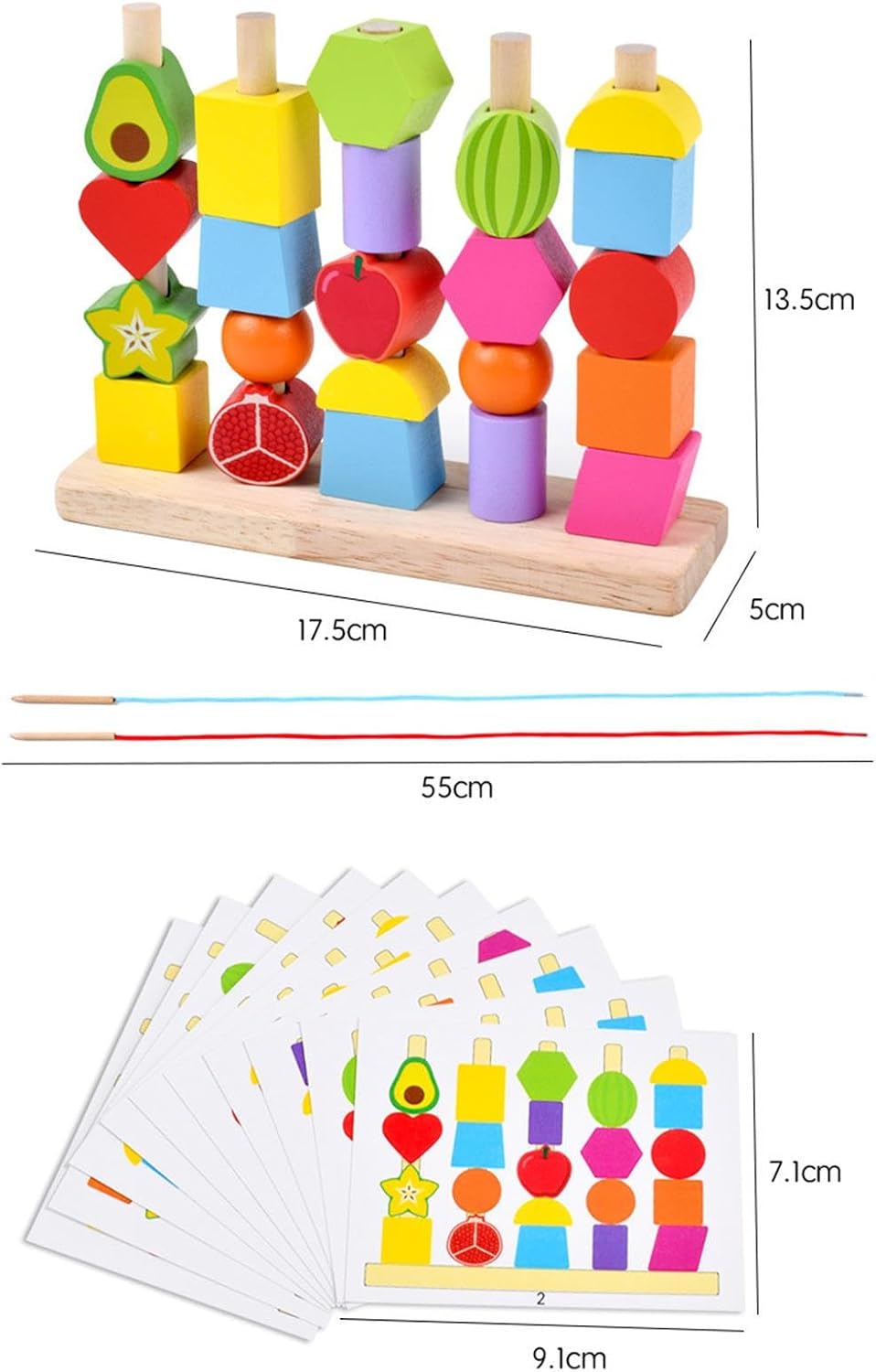 Fidtoy Wooden Montessori Fruits Sequence with Lacing Pattern 5-in-1 Bead Sorting Fine Motor Toy for Kids Ages 3+