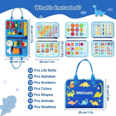 Fidtoy Busy Dinosaur Learning Sensory Fine Motor Book  for Toddlers – 5 Double-Sided Montessori Busy Book with Buckles, Zippers, Numbers, Letters & Weather Activities
