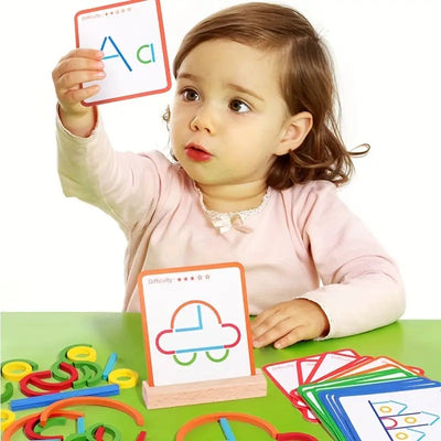 Fidtoy Wooden Sticks and Rings Pattern Matching Puzzle Cards Montessori Fine Motor Memory Toy for Kids Ages 3 to 8