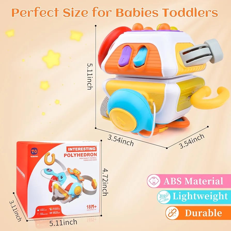 Fidtoy 10in1 Montessori Sensory Busy Cube, Plastic Sensory Activity Cube with 10 Activity Panels, Rotating Toys, Steering Wheel, Key Matching and Switches Ages 6+ Months