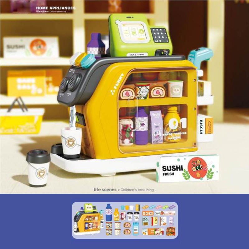Fidtoy Jeu d'Imitation 3-en-1 Multifonctionnel avec Caisse Enregistreuse et Café, Machine à Café, Réfrigérateur et Caisse Enregistreuse en Plastique pour Enfants, Jeu de Rôle Cuisine et Shopping pour Enfants de 3 ans et plus
