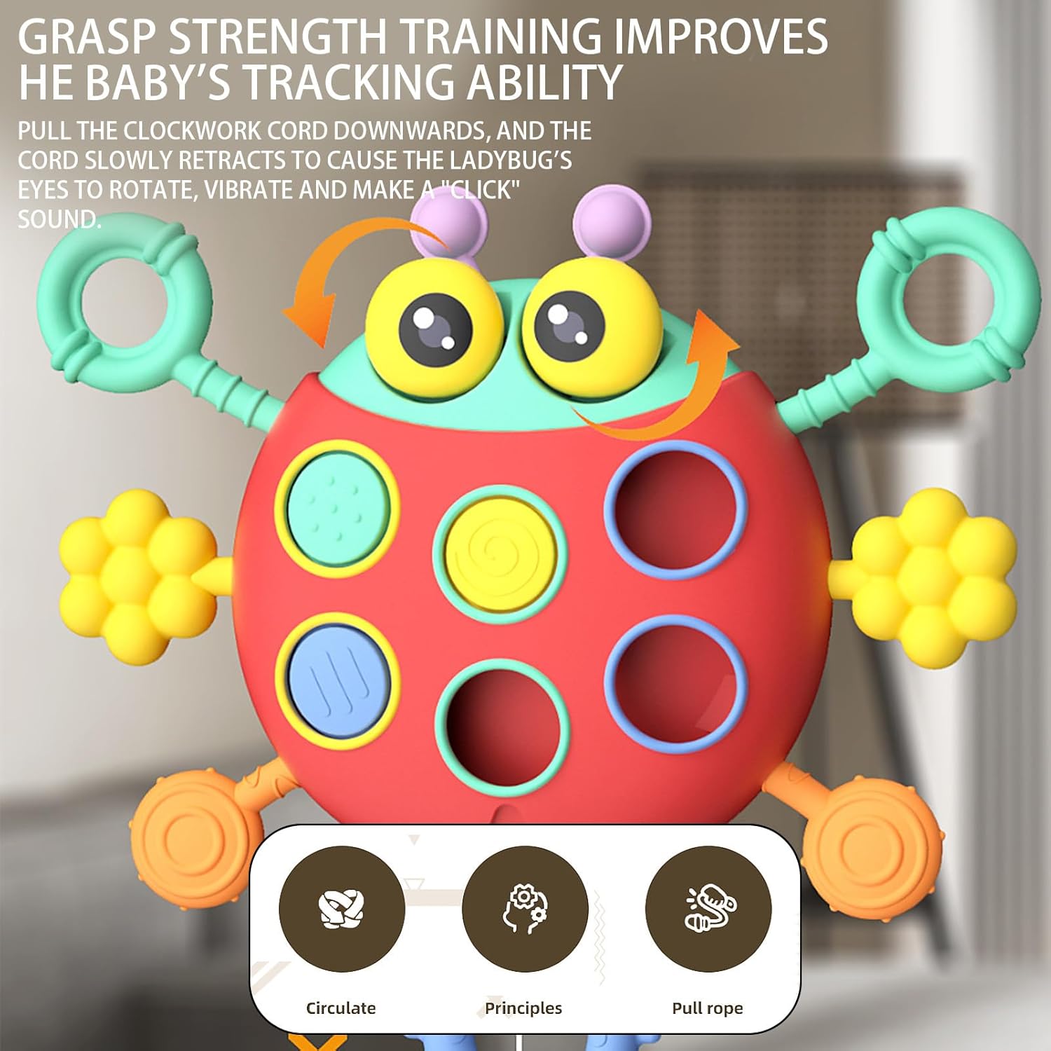 Fidtoy Cute Colorful Ladybug String Pull Sensory Rattle for Babies 6+ Months Montessori Pull String Teething Toy