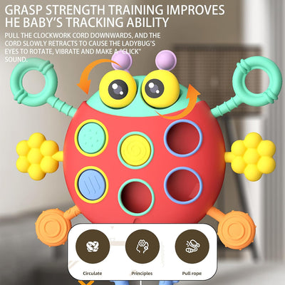 Fidtoy Cute Colorful Ladybug String Pull Sensory Rattle for Babies 6+ Months Montessori Pull String Teething Toy