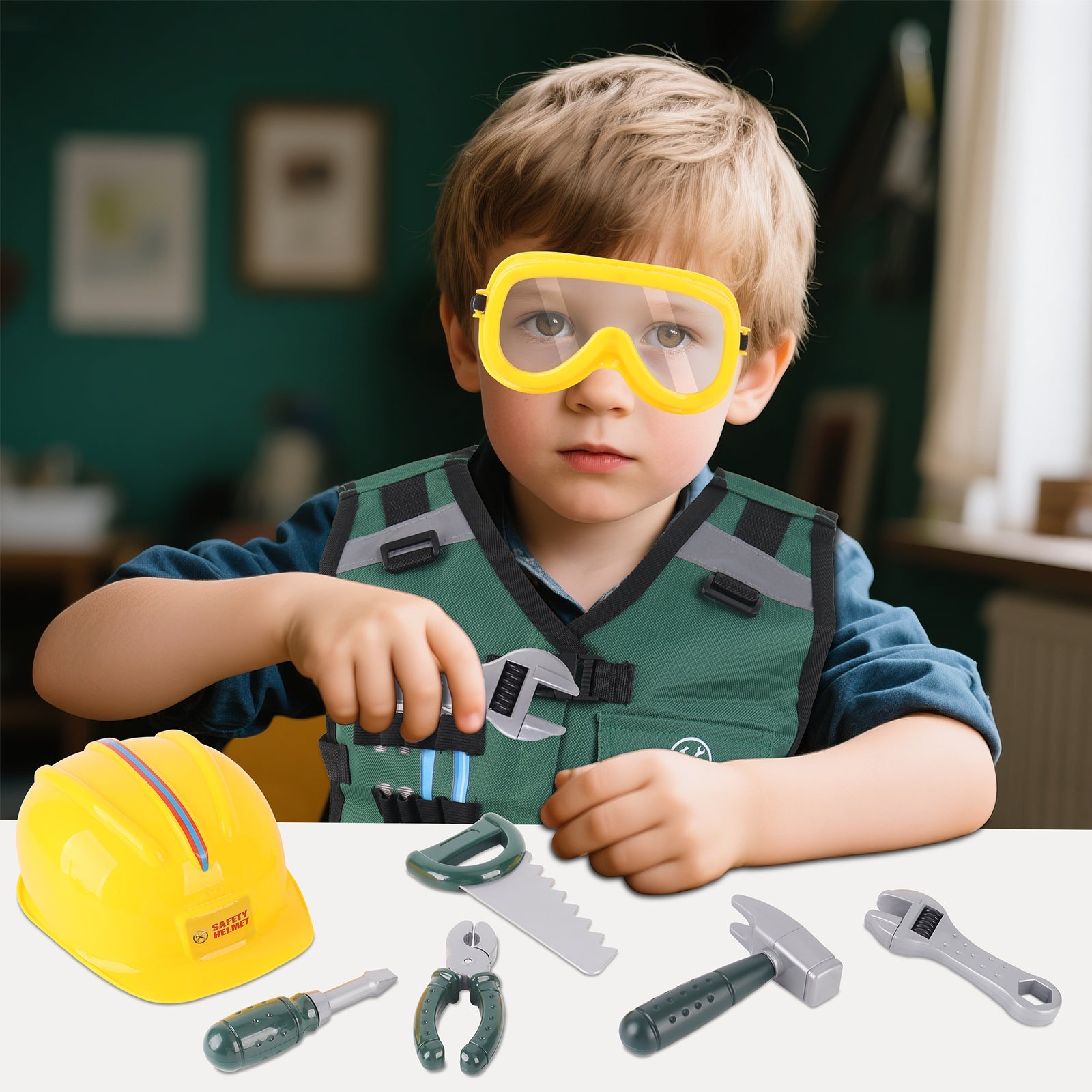 Juego de ropa de juego de rol de construcción, disfraz de juego de rol, chaleco de constructor realista, casco de seguridad, herramientas de juguete y accesorios, kit de juego de simulación STEM para niños y niñas de 3 años en adelante - Regalo de disfraz