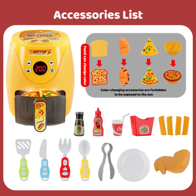 Batterie de cuisine pour enfants avec friteuse à air chaud, jeu de rôle avec accessoires de cuisine, effets sonores et lumineux réalistes et aliments factices