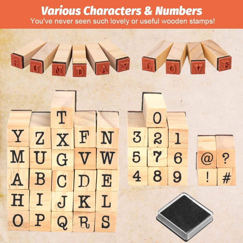 Fidtoy Wooden Number and Letter Stamp Set 40 Pieces Alphabet Rubber Stamps with Inkpad for Kids DIY Cards Scrapbooks Journals Ages 3+