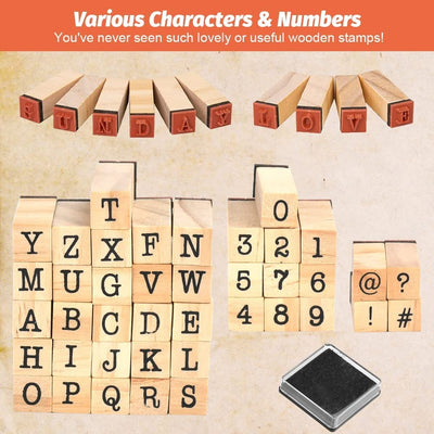 Fidtoy Wooden Number and Letter Stamp Set 40 Pieces Alphabet Rubber Stamps with Inkpad for Kids DIY Cards Scrapbooks Journals Ages 3+