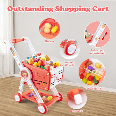 Fidtoy Caddie de Supermarché Enfant avec Accessoires de Jeu d'Imitation Aliments, Chariot de Supermarché Réglable pour Tout-Petits