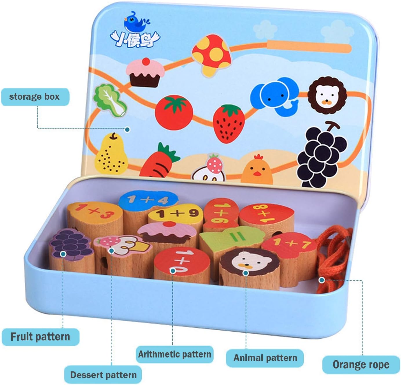 CenYouful Jouet à lacer en bois, jeu éducatif précoce de perles à lacer et à enfiler pour les tout-petains et les enfants, jeu de jouets d'apprentissage des animaux terrestres (12 pièces) (Légumes Fruits)