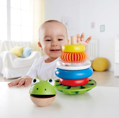 Juguete apilable de ranas de madera Fidtoy con base tambaleante, juguete de aprendizaje