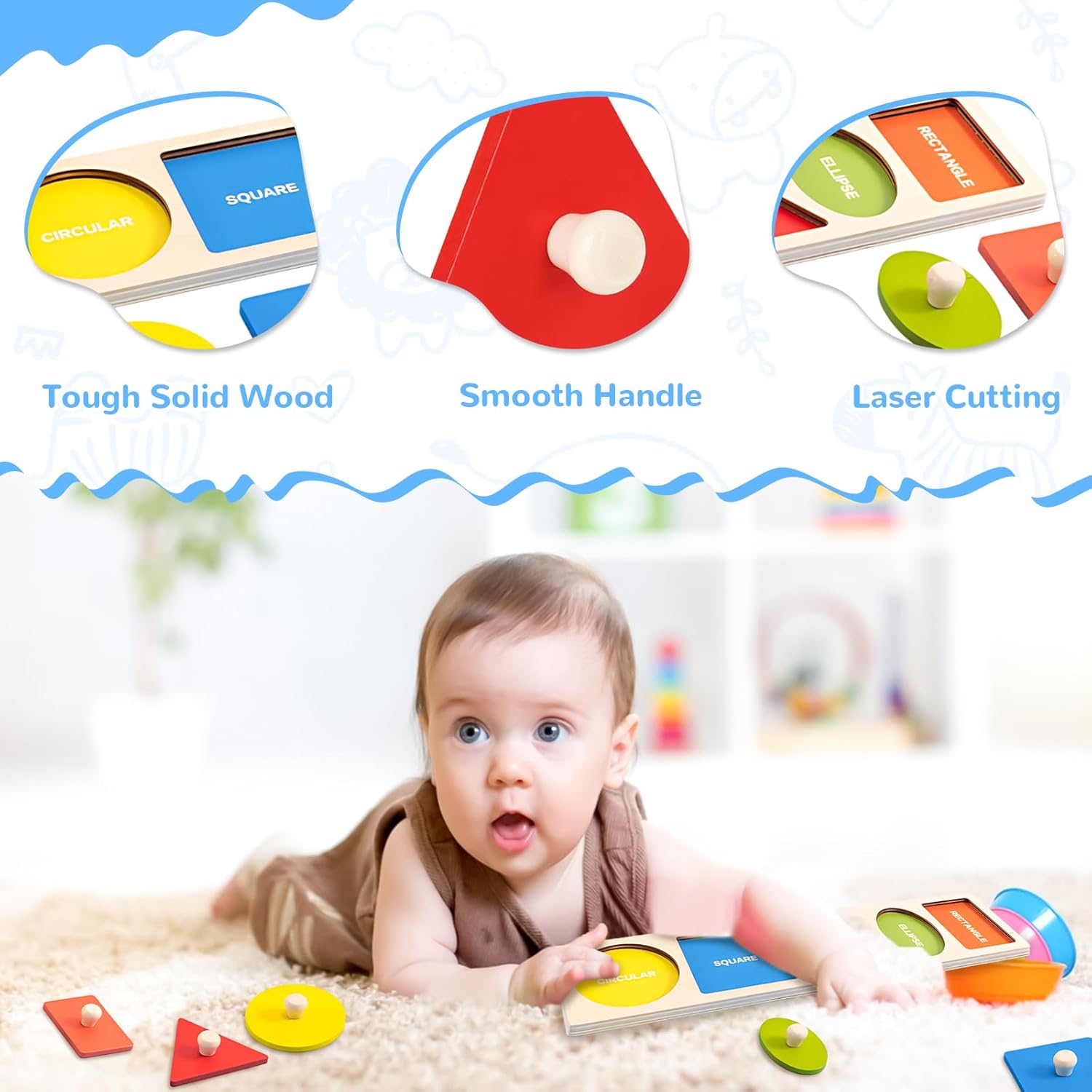 QESSUVNC Jeu de tri de formes en bois pour tout-petits, Puzzle à chevilles Montessori, Formes géométriques, 1-3 ans