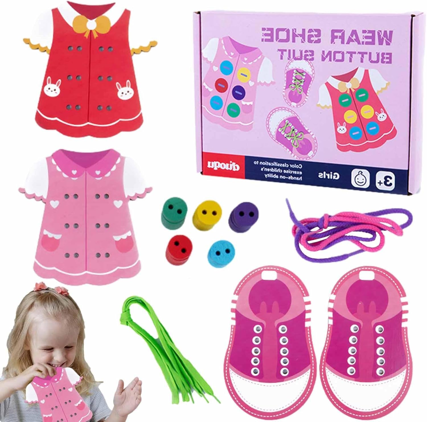 Jouets de laçage de vêtements - Planche de compétences de vie de base, Jouet de laçage de vêtements en bois, Jouet d'apprentissage des compétences motrices fines en bois, Cadeau Montessori, Cadeaux éducatifs précoces pour les enfants, Nouveau Pingpai