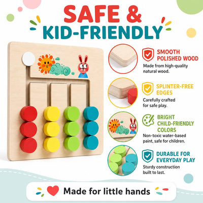 Fidtoy Small Wooden 4 Colour Logic Game for Kids Ages 3+, Compact Wooden Maze Puzzle with Sliding Shapes, Color Matching, Fine Motor Play and Problem Solving Learning Board