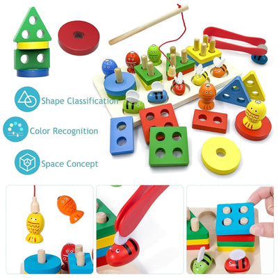 Fidtoy 3 in 1 Bee Clipping and Magnetic Fishing Four Column Shape Kit, Wooden Shape Sorting and Fine Motor Learning Toy Ages 2-6