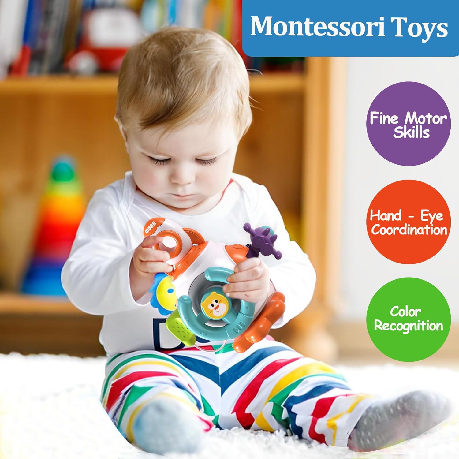 Fidtoy Rocket Montessori Busy Cube for Babies – 6-Sided Sensory Activity Cube with Spinner, Press Button, Pull Rocket, Steering Wheel, Simulated Plug, and Space Play