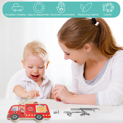 Fidtoy Wooden Montessori Disassembly Fire Truck Screw Board Fine Motor Tool Toy for Kids Ages 3+