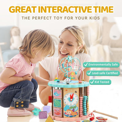 Fidtoy Cubo de actividades de madera 8 en 1 – Juguete de aprendizaje multi-actividad Montessori para niños pequeños