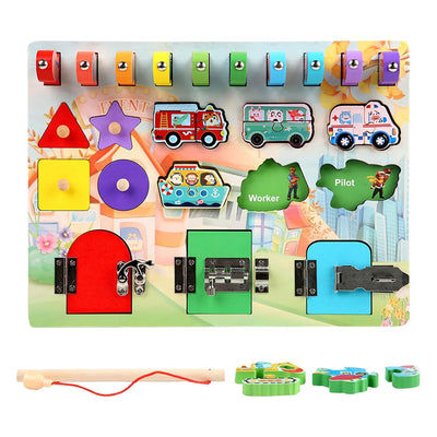 Fidtoy Planche d'activités Montessori en bois pour tout-petits avec serrures, interrupteurs, formes, chiffres, jouet d'apprentissage, motricité fine, jouet de voyage silencieux, cadeau