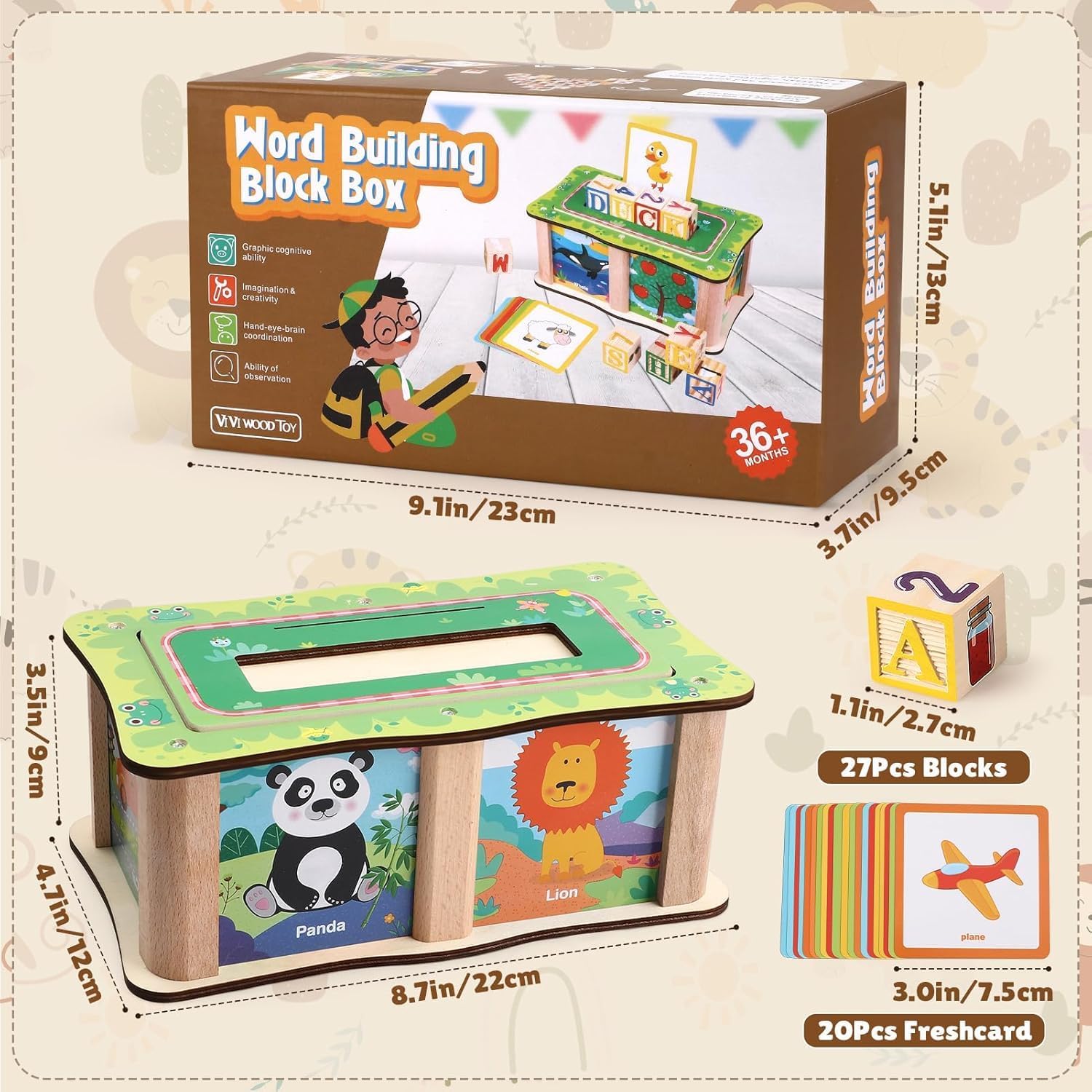 Fidtoy Boîte de Blocs de Construction de Mots en Bois avec Cartes, Ensemble de Blocs Alphabet et de Cartes Illustrées avec 27 Blocs, 20 Cartes Double Face et Boîte de Rangement Âge 3+