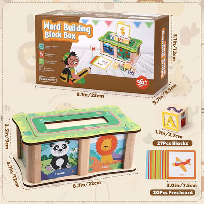 Fidtoy Boîte de Blocs de Construction de Mots en Bois avec Cartes, Ensemble de Blocs Alphabet et de Cartes Illustrées avec 27 Blocs, 20 Cartes Double Face et Boîte de Rangement Âge 3+