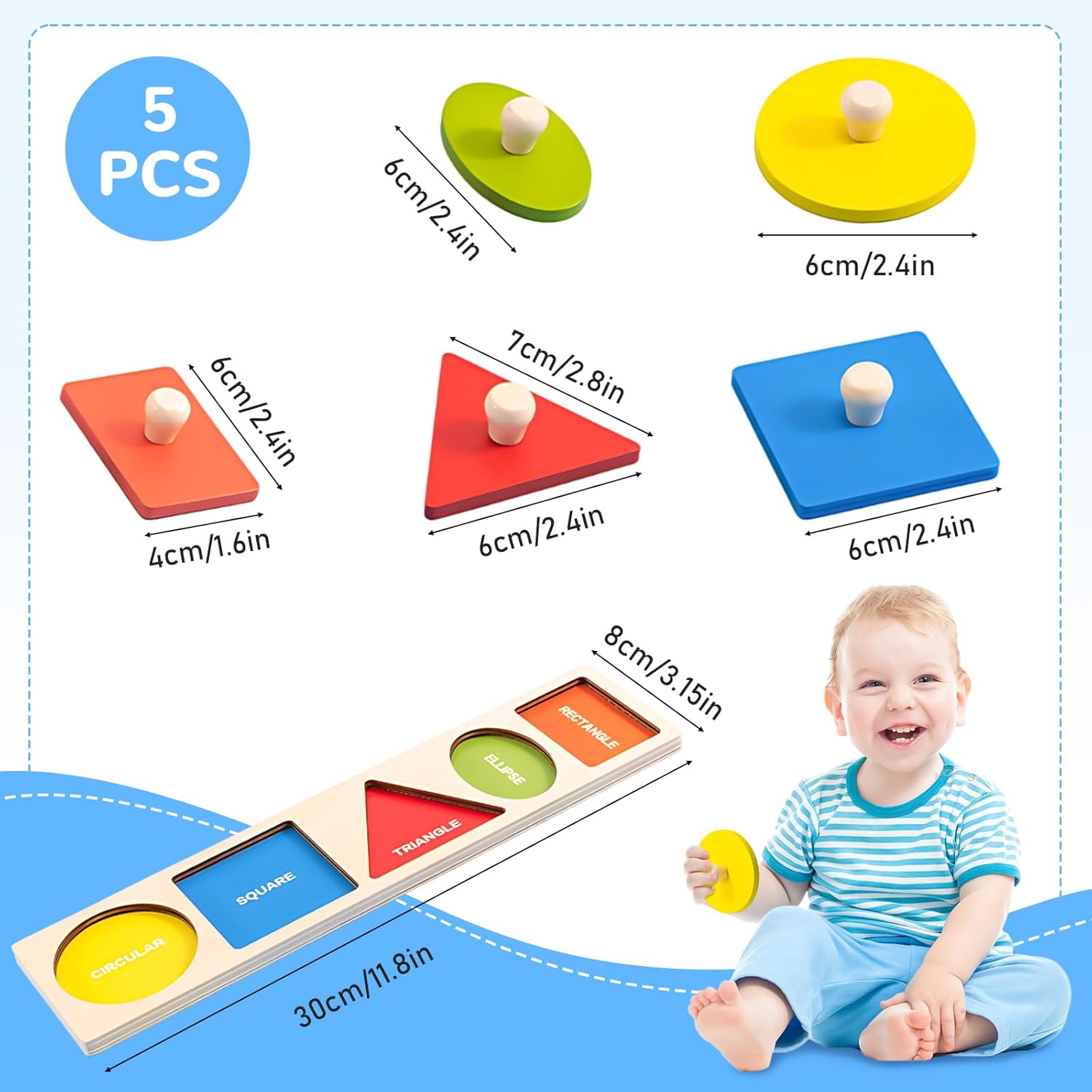 QESSUVNC Jeu de tri de formes en bois pour tout-petits, Puzzle à chevilles Montessori, Formes géométriques, 1-3 ans