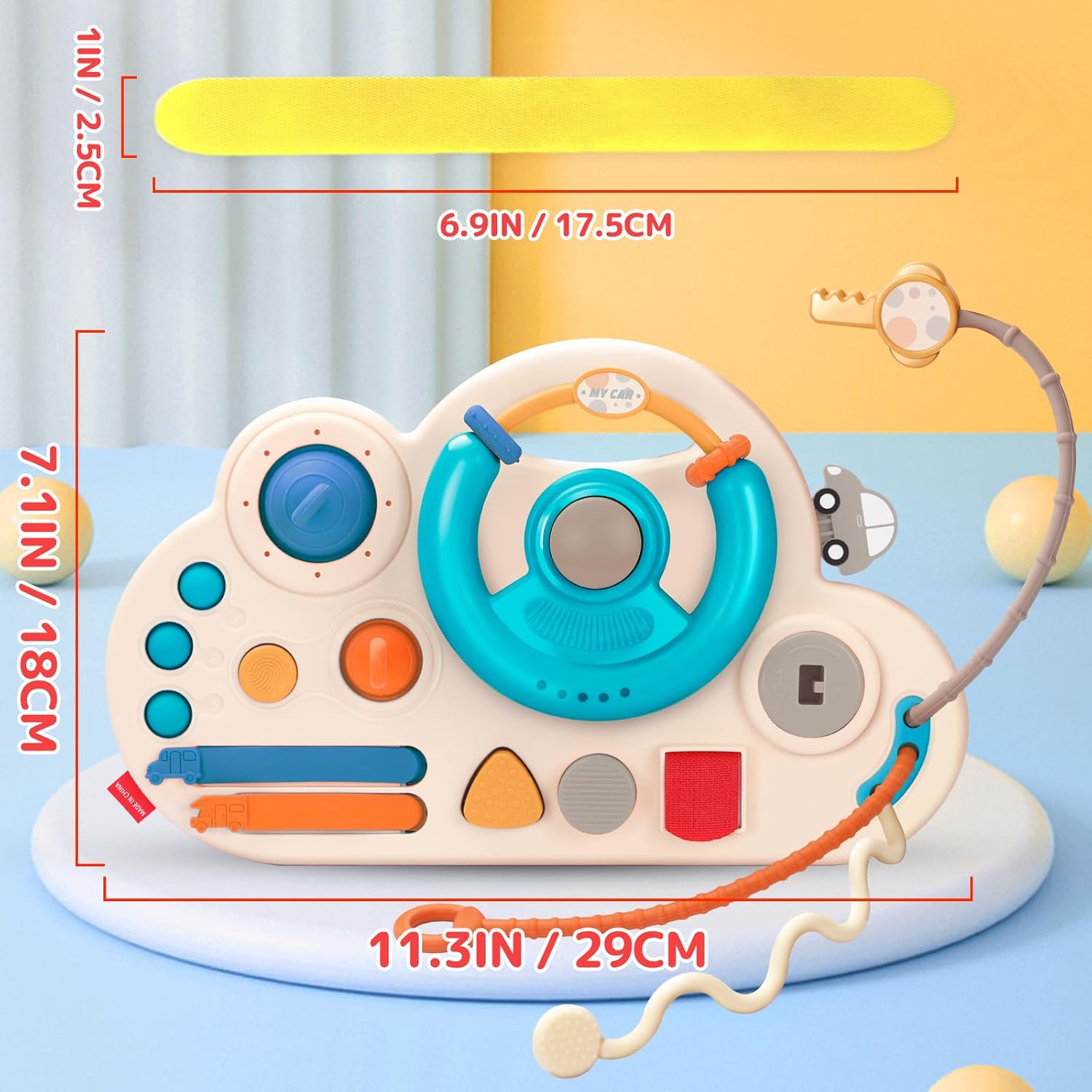 Fidtoy Volant d'activités Montessori pour bébé à tirer – Jouet sensoriel de voyage avec cordes à tirer, bulles, boutons et jeu de motricité fine
