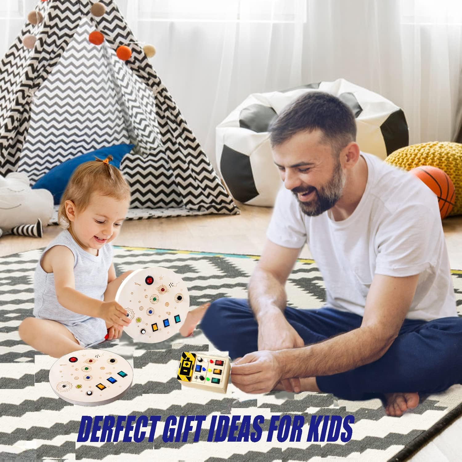 RGWOW Jouets pour tout-petits de plus de 3 ans, tableau d'activités Montessori. Jouets sensoriels pour bébés, jouets de voyage en bois avec boutons LED lumineux et son, jouets éducatifs (rond coloré)