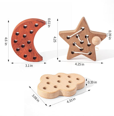 Jouets à lacer en bois FlameFlash pour tout-petits de 1 à 3 ans, jouets à enfiler en bois massif, jouets pour tout-petits silencieux lune/étoiles/nuage pour voyage en avion, jouets sensoriels pour la motricité fine pour enfants de 2 3 4 ans (bois naturel)