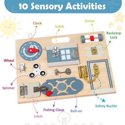 Smartwo Double-Sided Montessori Busy Board for Toddlers 3-5, Train Babies Fine Motor Skills, Toddler Boy Toy of Sensory Activity Board, Wooden Busy Board for 3+ Year Old Kids Birthday Gift