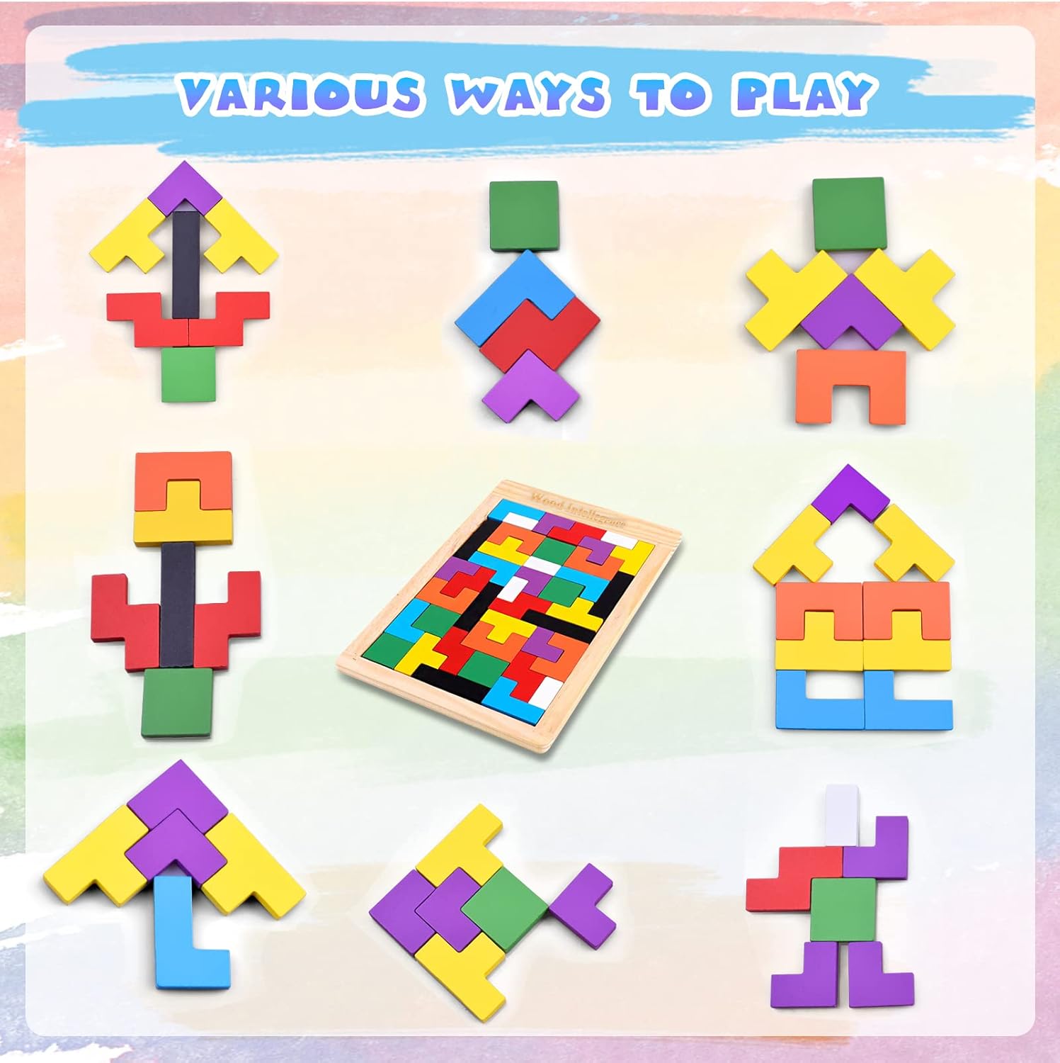 Fidtoy Wooden Russian Blocks Puzzle, 40 Piece Wooden Tetris-Style Block Puzzle with Baseboard, Colorful Shape Sorting Brain Teaser for Spatial Reasoning and Creative Pattern Building Ages 3+