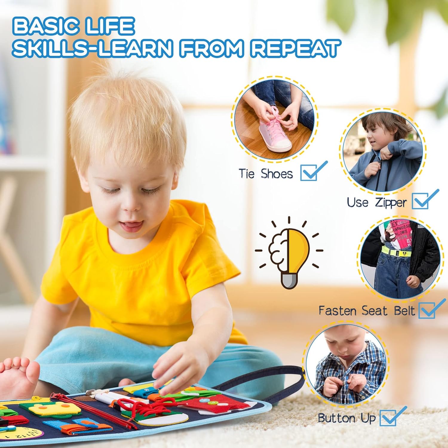 MAMPO Busy Board Jouets Montessori pour enfants de 1 2 3 4 ans, jouet de voyage pour tout-petits pour l'apprentissage des compétences de base avec l'alphabet et des jeux d'association, Busy Board portable 16 en 1 sur le thème des animaux