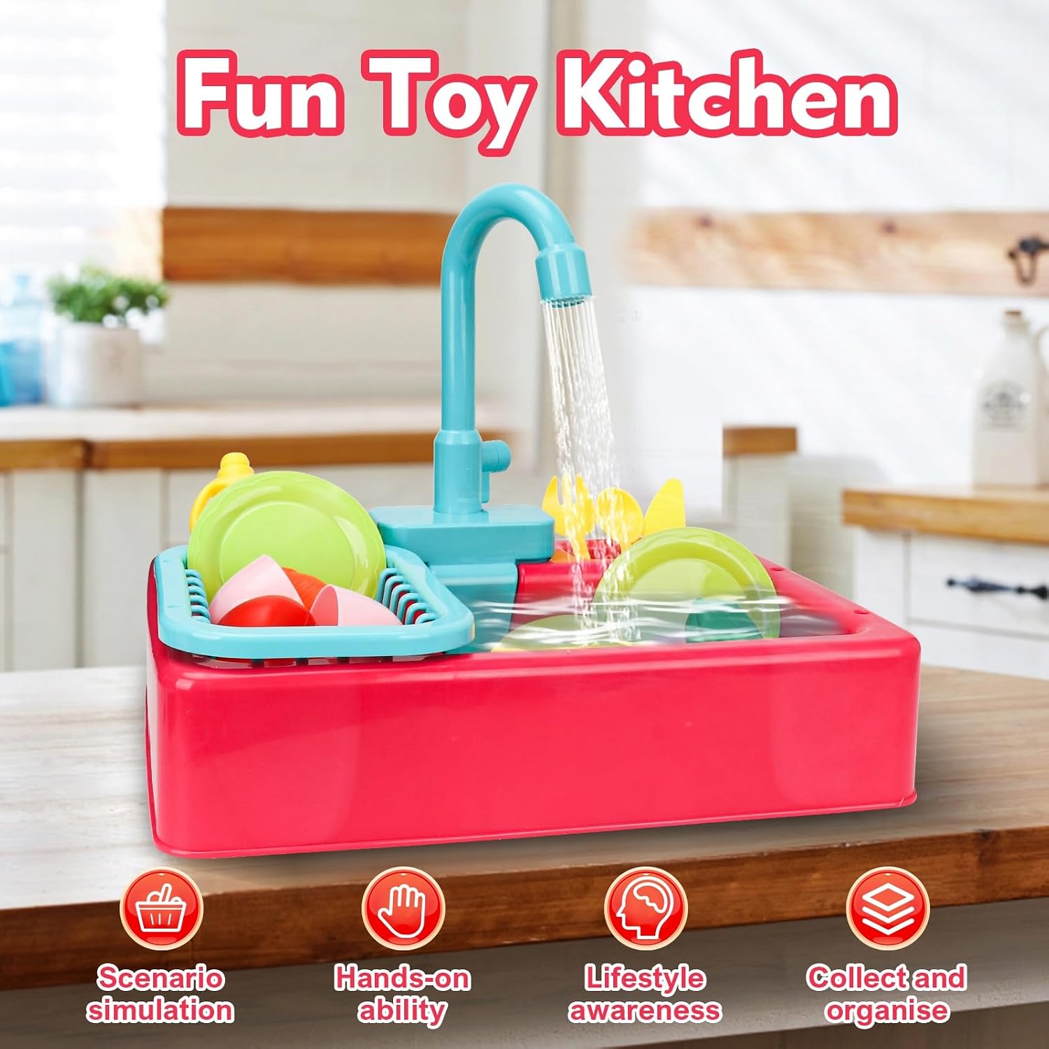 Fidtoy Kitchen Dish Washer Sink Pretend Play Kit with Running Water for Kids Kitchen Role Play