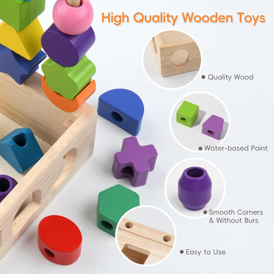 Fidtoy Boîte d'intelligence à piliers d'association de formes – Jouet d'apprentissage des couleurs et des formes Montessori en bois pour les enfants de 4 à 6 ans