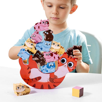 Fidtoy Wooden Kitten Balance 14 Pieces Learning Toy Montessori Animal Stacking Game for Kids Ages 3+