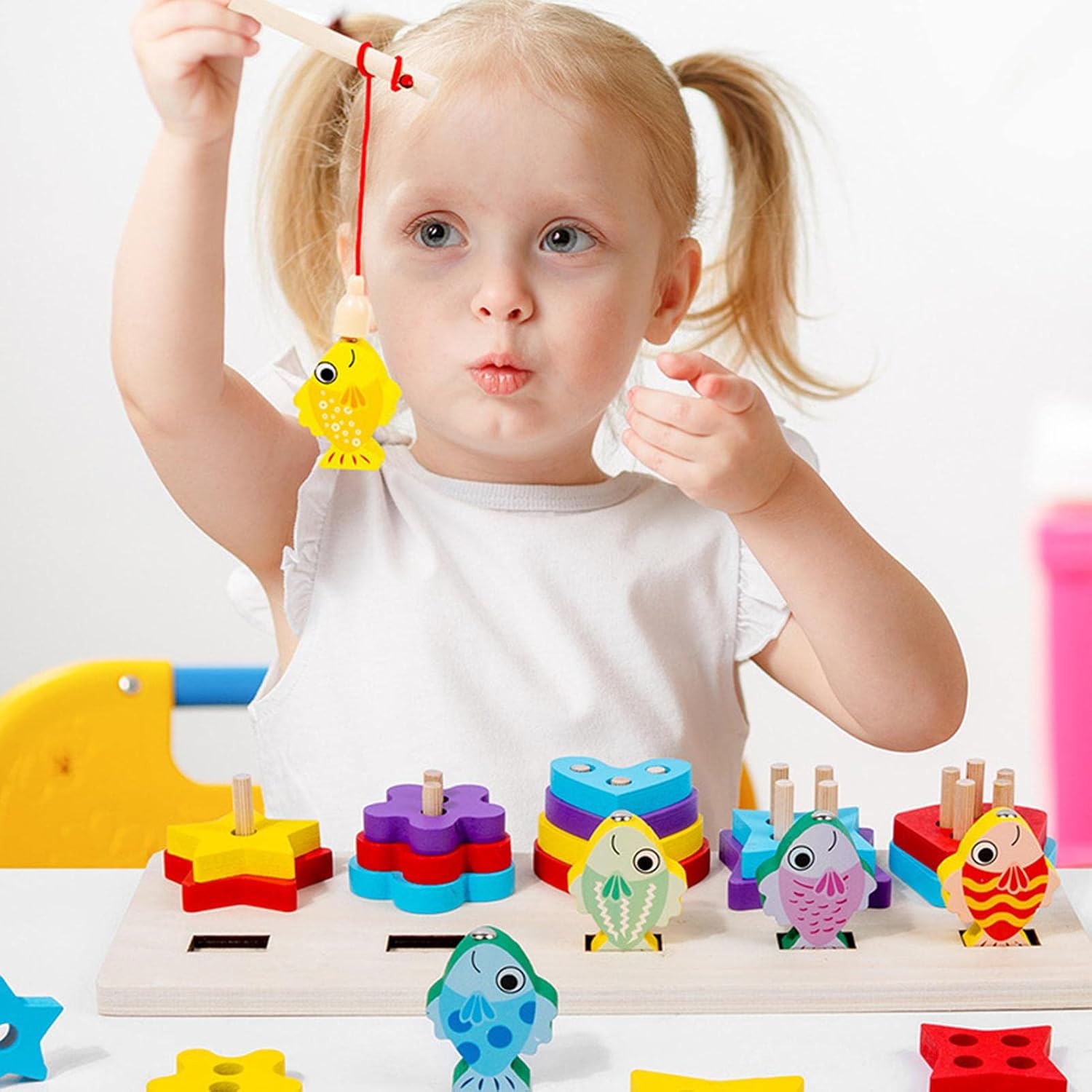 Fidtoy Wooden Magnetic Fishing Shape Sorter Board for Toddlers Fine Motor Color Matching Toy Age 2-6